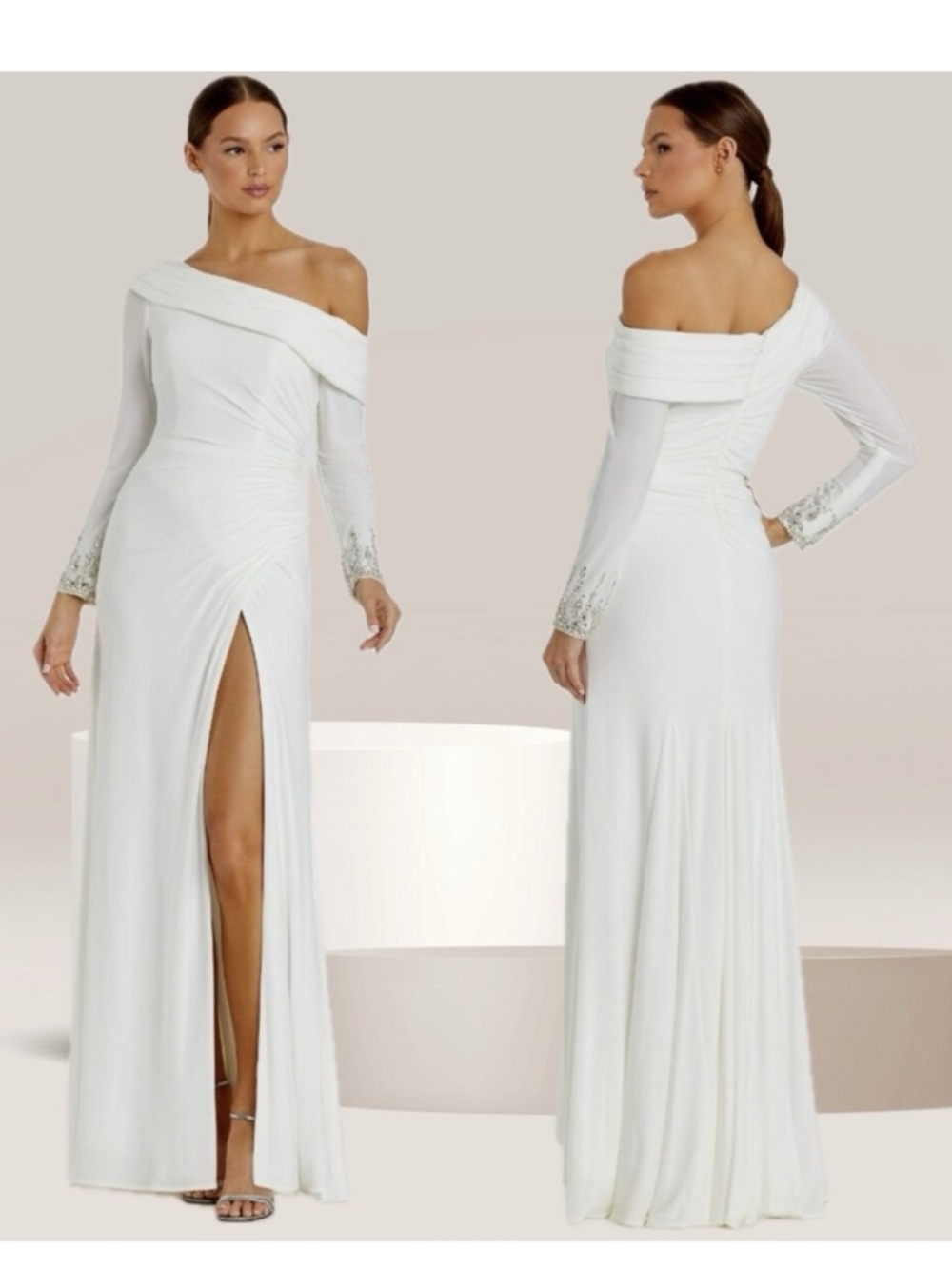 Mac Duggal 12231 Beaded Cuff Drop Shoulder Faux Wrap White Wedding Dress Gown 6